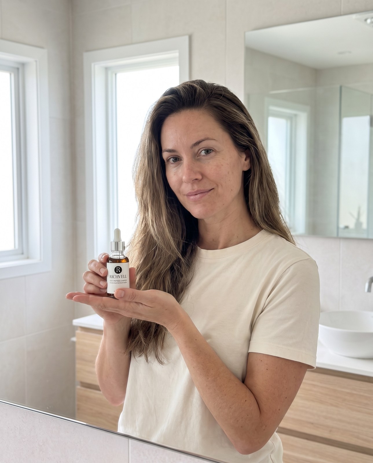 Woman holding FST-5 Peptide Complex