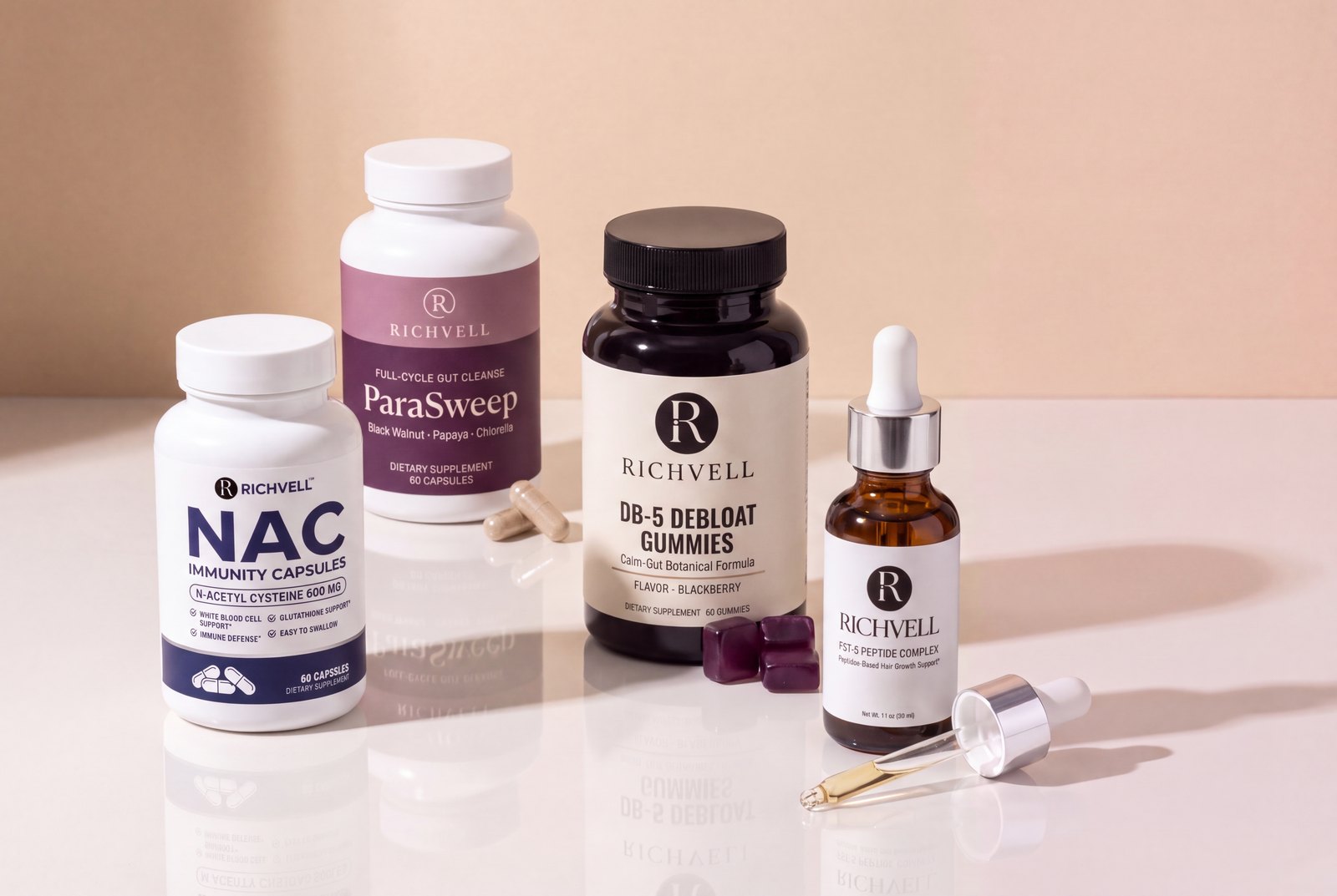 The Richvell range: ParaSweep, NAC Immunity Capsules, Instant Debloat Gummies and FST-5 Peptide Complex