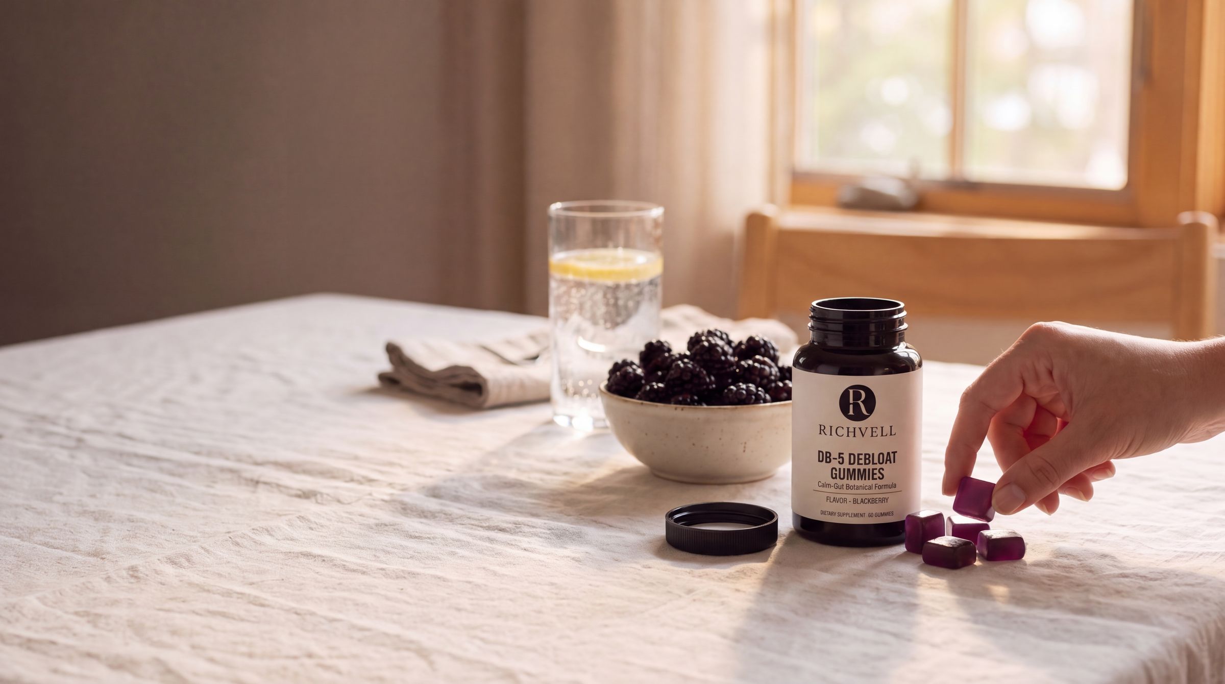 Richvell Instant Debloat Gummies jar with blackberries on a dinner table
