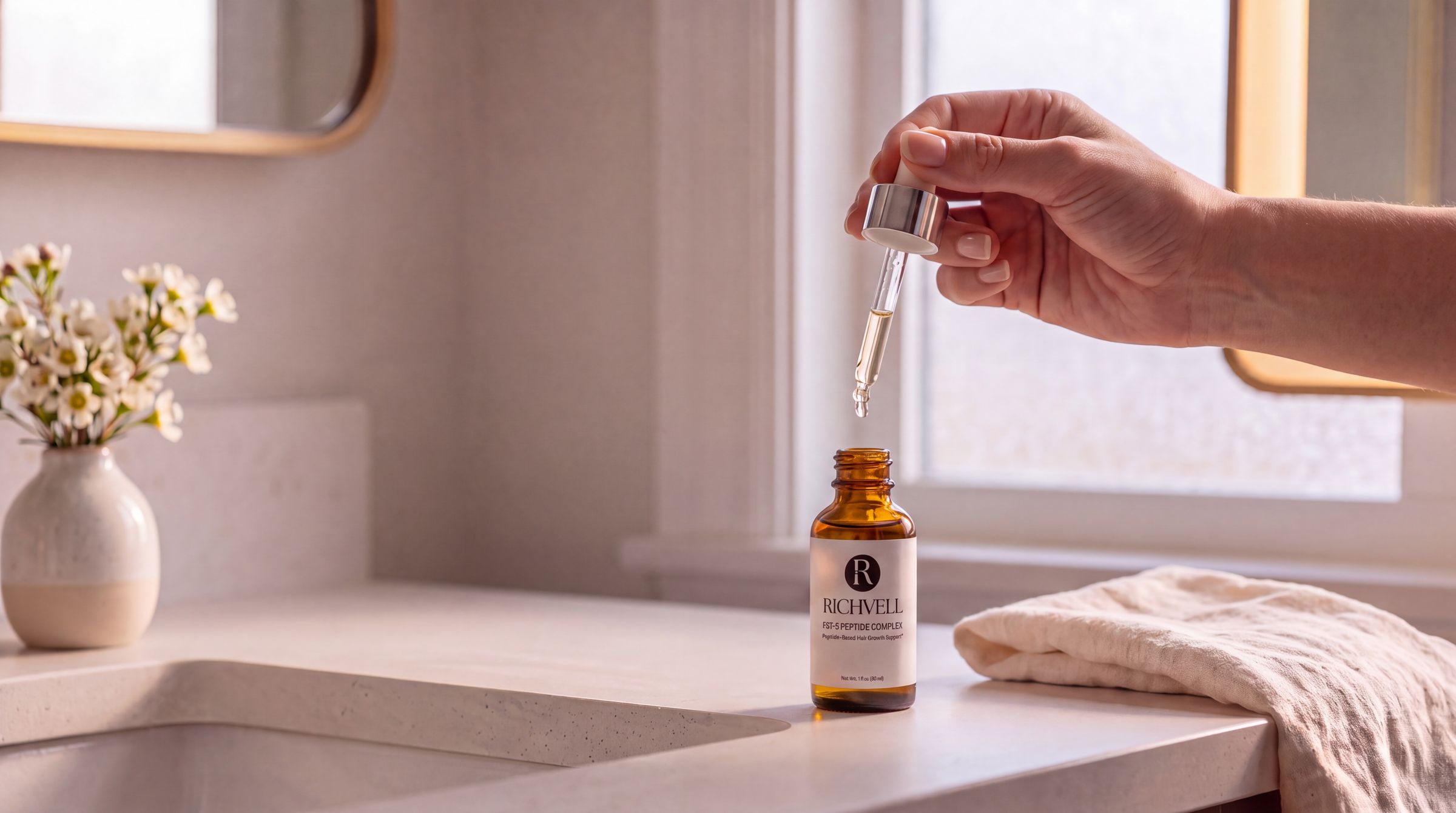 FST-5 Peptide Complex dropper bottle on a bathroom counter