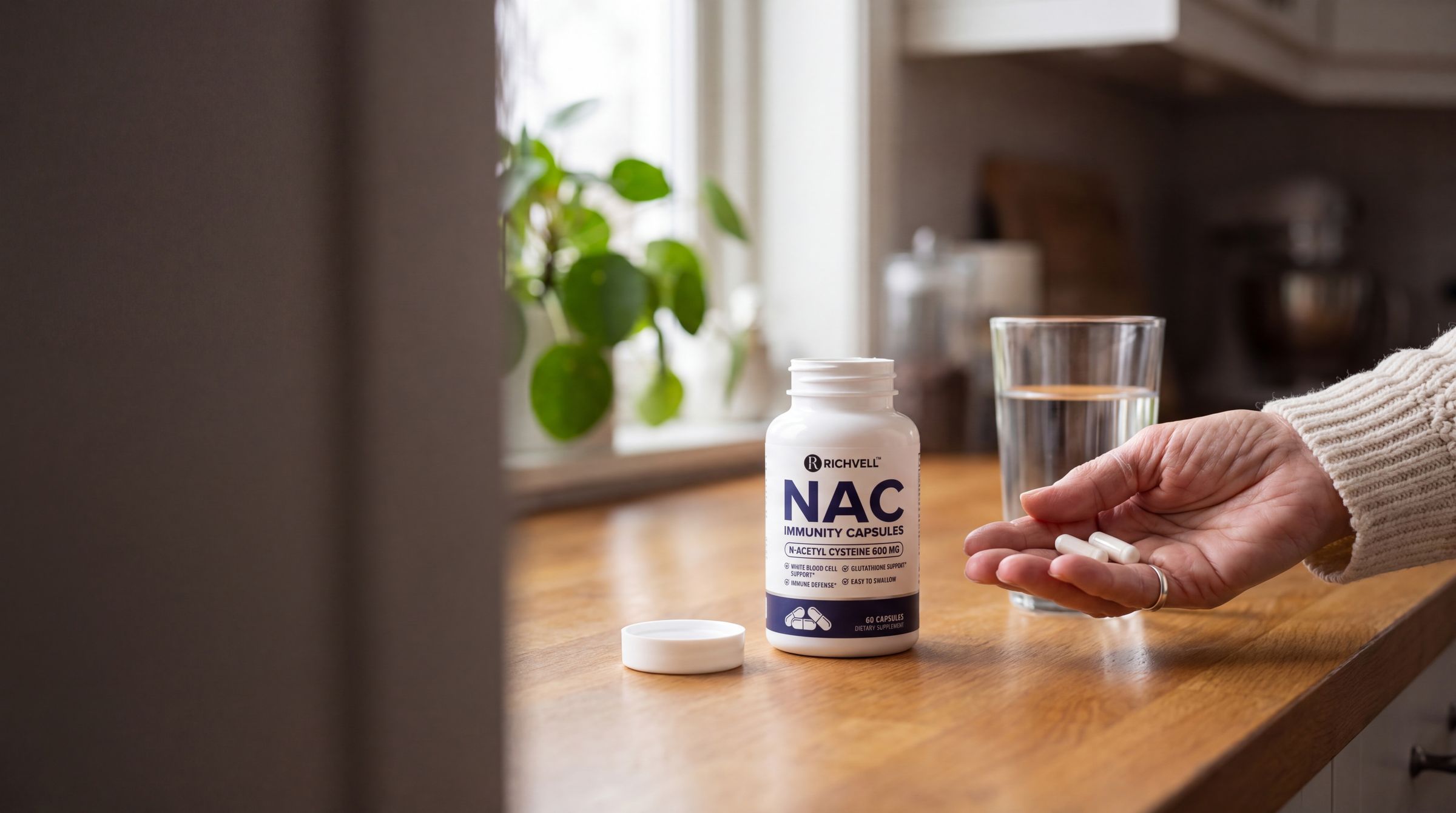 A bottle of Richvell NAC Immunity Capsules on a kitchen counter, a hand holding two capsules
