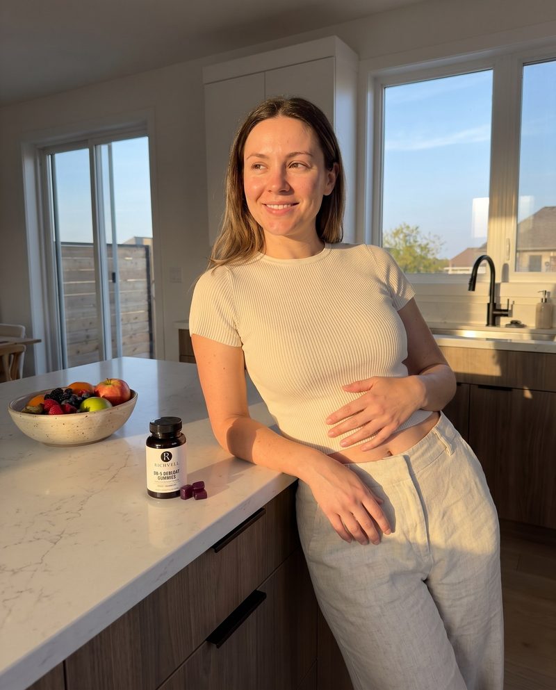 Woman in a kitchen with Instant Debloat Gummies