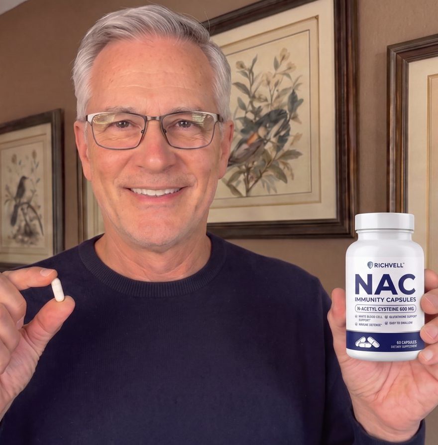 Man holding a bottle of NAC Immunity Capsules