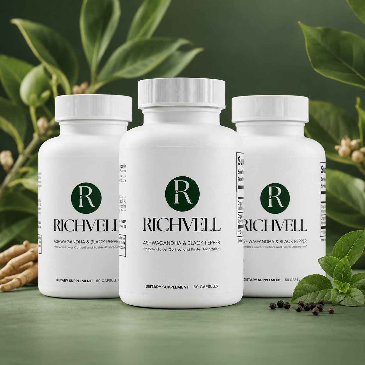 3x Richvell™ Organic Ashwagandha & Black Pepper